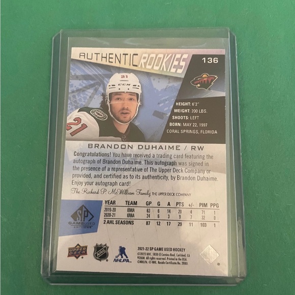 Autographed authentic Rookies Card Brandon Duhaime un - Picture 2 of 2
